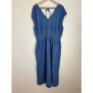 Old NAVY Denim Jean Dress XL Tall 100% Cotton Midi Blue Smocked Western Cottage